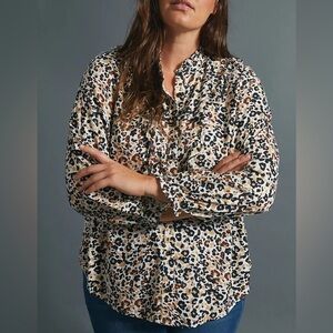 Maeve by Anthropologie Katia Leopard Ruffle Long Sleeve Blouse Chic Feminine